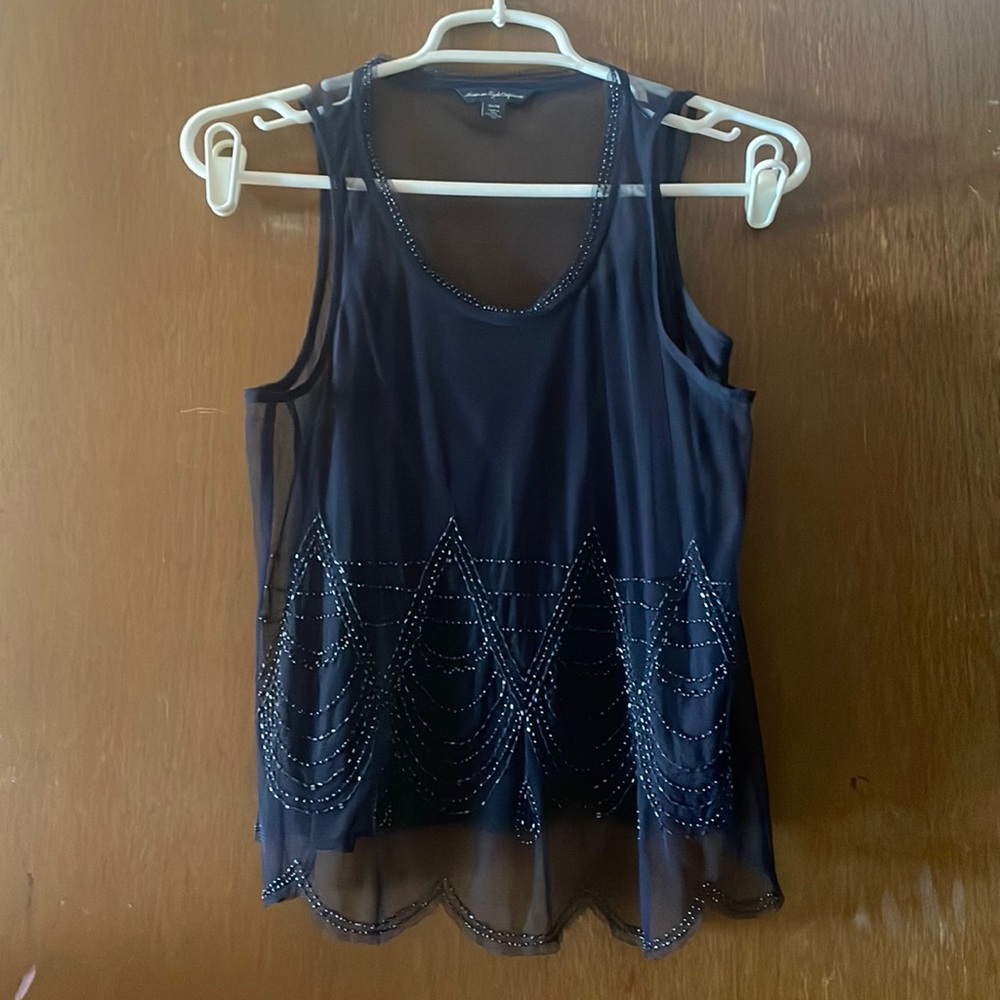 Navy blue mesh beaded tank top blouse